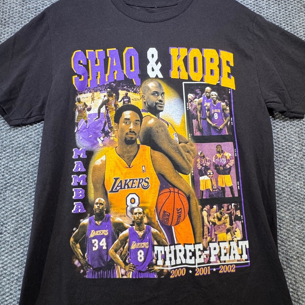 Shaq‎ & Kobe Lakers Three-Peat Graphic T-Shirt Black Mamba Shaq Fu Mens Small